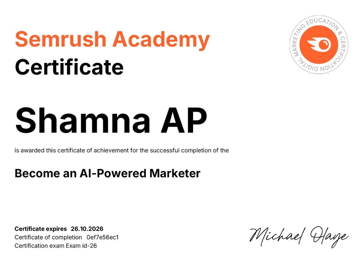 Semrush Academy AI-powered digital marketing certificate – Shamna AP