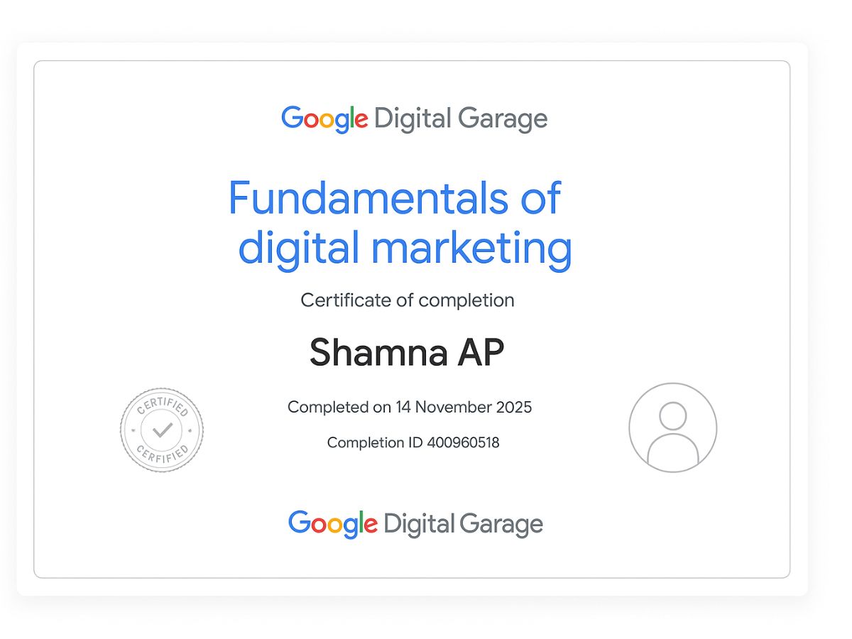 Google Digital Garage Fundamentals of Digital Marketing certificate – Shamna AP