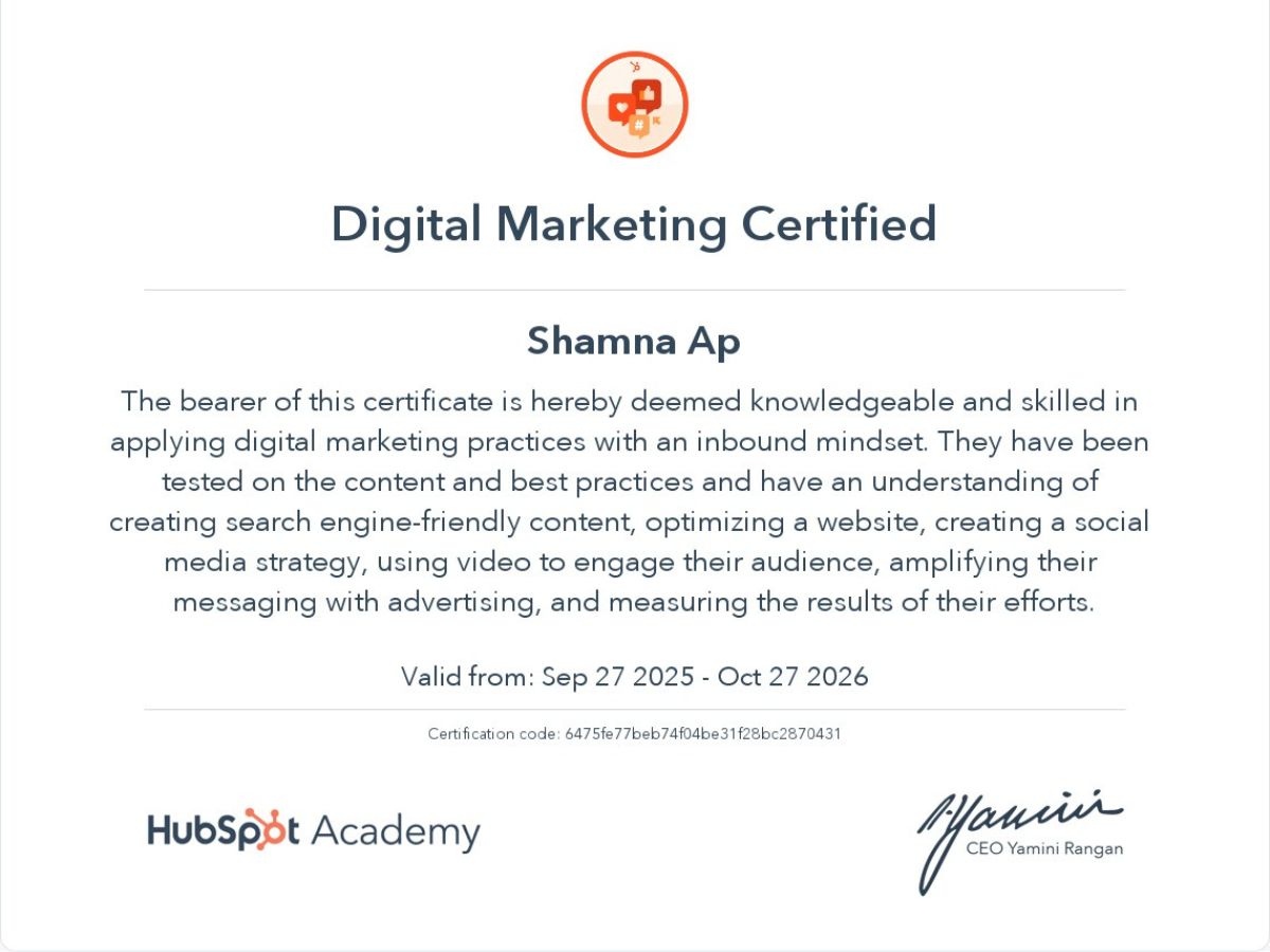 HubSpot digital marketing certification earned by Shamna AP